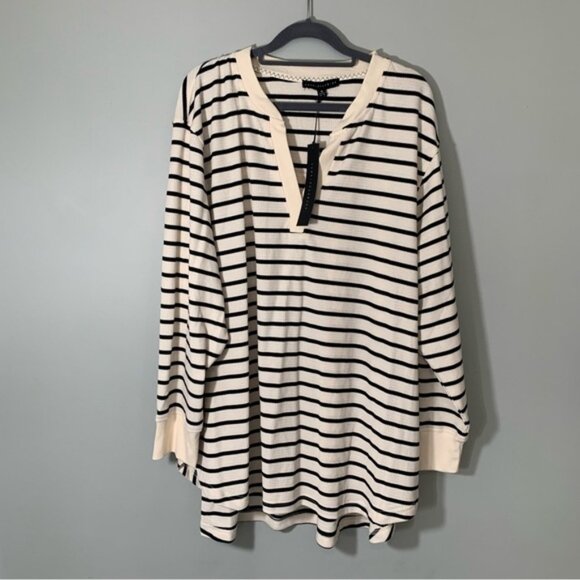 NEW Jane & Delancey Long Sleeve Striped Henley Black and Cream Women's Top - Picture 1 of 10